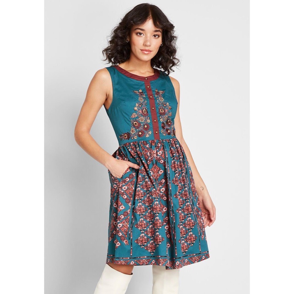 Modcloth NWT “A Conversation Masterpiece” A-line Dress in Teal Size:8